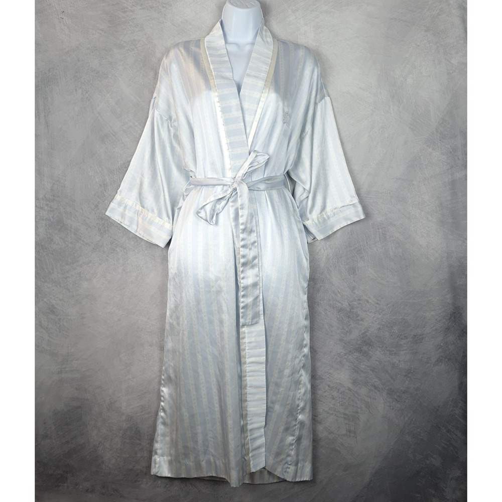 Vintage Christian Dior Robe Womens Large Blue Satin Kimono Striped Logo Belted - Picture 2 of 16